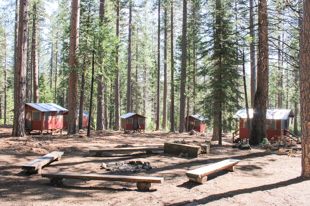 Outdoor cabins around campfire